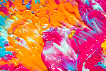 Pink Blue and Orange Paint Splatters on White Background