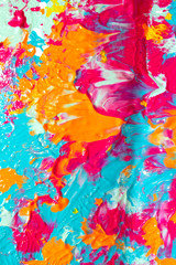 Pink Blue and Orange Paint Splatters on White Background