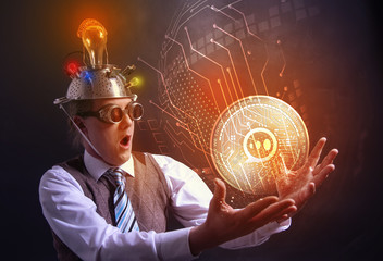 distraught looking conspiracy believer in suit with aluminum foil head with E-CHAT cryotocurrency...