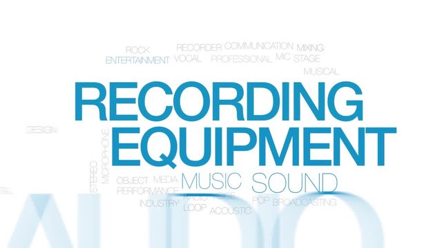 Recording equipment animated word cloud. Kinetic typography.