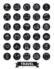 Summer holidays and global travel round black vector line icon collection