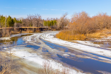 Spring landscape. Movement of floes on the river.
