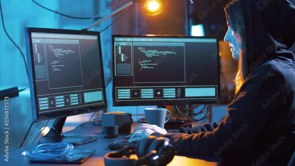 Poster cybercrime, hacking and technology concept - female hacker in dark room creating code or using compu