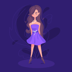 A young girl stands at night. Woman wears purple dress. She has long brown hair.