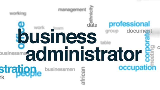 Business administrator animated word cloud. Kinetic typography.