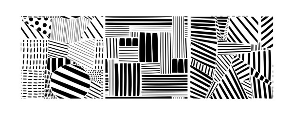 Various lines and shapes. Set of three black and white abstract seamless patterns. Hand drawn vector illustration. Every pattern is isolated