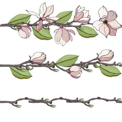 Endless horizontal brush. Endless horizontal border. Magnolia endless vector brush. Magnolia endless horizontal border. Spring vector flowers.