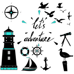 Vector sea silhouettes. Set of vector silhouettes. Sea vector illustration. Decoration children silhouettes. Children room interior. Children room wall.illustration. Decoration children silhouettes. 