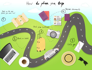 Travel infographics. Plan your travel infographic guide. Vacation booking concept. Vector illustration in flat style design. Travel by car, concept. Cartoon vector illustration.