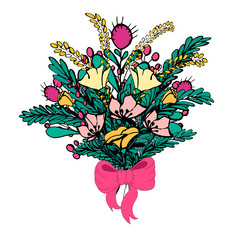 Buquet of field flowers, isolated on white background.