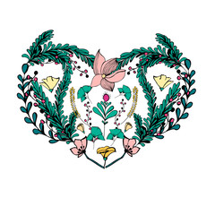 Wildflowers vector heart. Heart made of elements. Romantic cartoon invitation card. Stylish design element in bright colors.