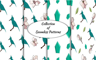 Collection of seamless patterns. Abstract design elements in set. Cute set of Blue birds and flowers seamless patterns.