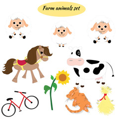 Vector collection of farm animals and birds in trendy flat style. Collection of horse, cow, sheep, rabbit, and cat, isolated on white. Vector illustration. Cartoon animals collection.