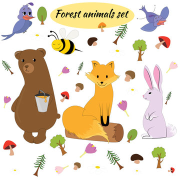 Vector collection of forest animals and birds in trendy cartoon style. Collection of bear, bee, fox, bunny, and birds, isolated on white. Vector illustration. Cartoon animals collection.