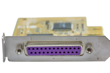 Card add port parallel on motherboard pc isolated on a white background.