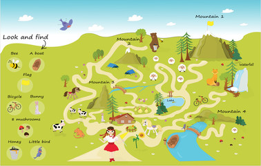 Funny maze for children. Help the girl on a trip to the mountains. Mini games collection. the maze puzzle game template illustration. Illustration of a maze puzzle with forest and mountains background