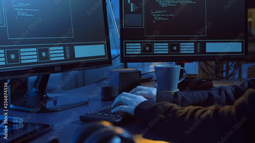 Poster cybercrime, hacking and technology concept - female hacker in dark room creating code or using compu