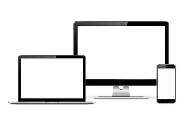 Computer display, laptop and smartphone with blank screen