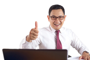 Businessman Smiling and Shows Thumbs Up Gesture