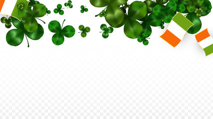 Vector Clover Leaf  and Ireland Flag Isolated on Transparent Background. St. Patrick's Day Illustration. Ireland's Lucky Shamrock Poster. Invitation for Irish Concert in Pub. Tourism in Ireland.