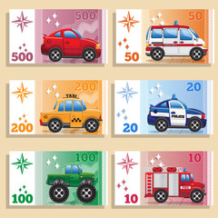 A set of game money with the with the image of cars. Vector illustration.