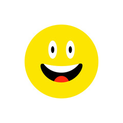 Happy face smiling emoji with open mouth. Funny Smile flat style. Cute Emoticon symbol. Smiley, laugh icon. For mobile app, messenger. Expressive cartoon avatar on white backdrop.