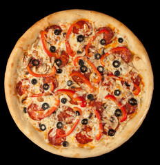 crispy Italian delicious pizza on a black background, pizza ingredients, photo for recipe and menu