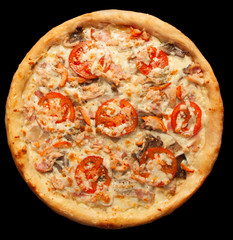 crispy Italian delicious pizza on a black background, pizza ingredients, photo for recipe and menu