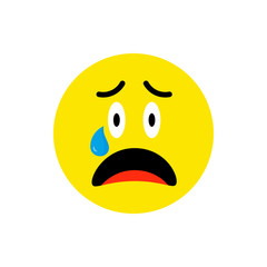 Sad crying face Emoji icon flat style. Cute Emoticon round symbol. Regret, heartbroken Face. For mobile keyboard app, messenger. Expressive cartoon avatar on white background.