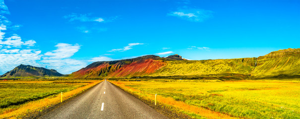 Snaefellsjoekull national park, road and Icelandic colorful and wild landscape on Iceland