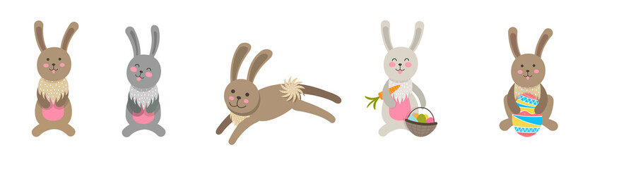 Set of cute Easter rabbits with Easter eggs and banners.