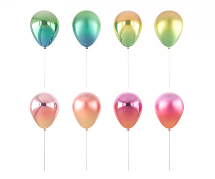 Set of 3D render gradient pink, blue, orange balloons isolated on white background. Trendy realistic design 3d elements in pastel colors for birthday, presentation, promo, party or other events.