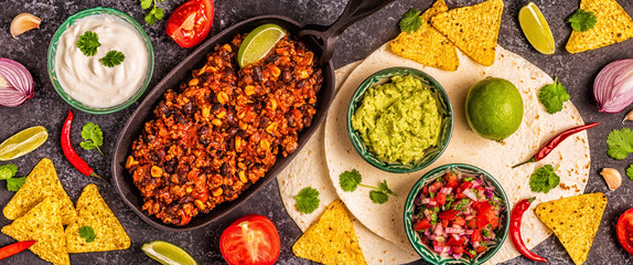 Mexican food concept: tortillas, nachos with guacamole, salsa.