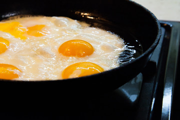 Fried egg - a close view of the fried eggs in the pan. Quick and hearty delicious homemade breakfast.
