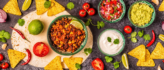 Mexican food concept: tortillas, nachos with guacamole, salsa.