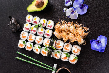 Rainbow Sushi Roll with salmon, eel, tuna, avocado, royal prawn, cream cheese Philadelphia