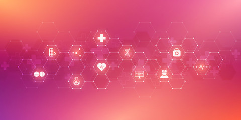 Abstract medical background with flat icons and symbols. Concepts and ideas for healthcare technology, innovation medicine, health, science and research.