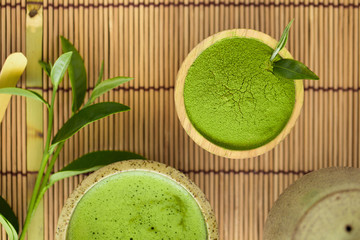 Set of matcha powder bowl wooden spoon and whisk green tea leaf Organic Green Matcha Tea ceremony