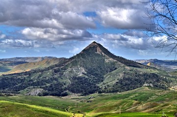 Fototapeta premium Beautiful Sicilian Landscape with Monte Formaggio in the Foreground, Mazzarino, Caltanissetta, Italy, Europe