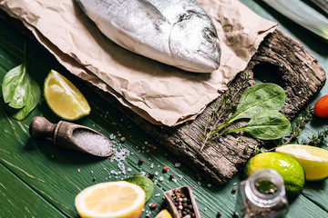 fish for dinner. Fresh raw dorado fish ready for cooking. top view, flat lay