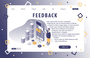 Landing page of feedback service. Isometric people. Abstract. Concept of web page design for website and mobile website. Vector illustration.