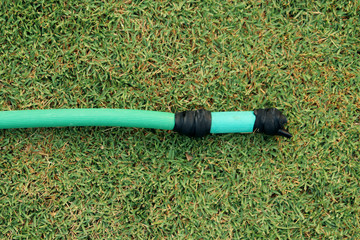 a green hose lying on the grassy ground, A close up image of a garden hose, Rubber tube for watering plants in the garden.