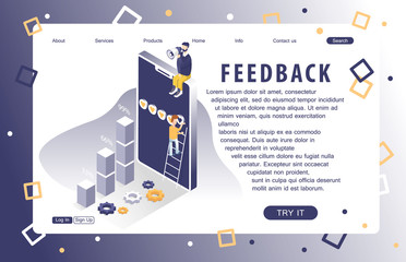 Landing page of feedback service. Isometric people. Abstract. Concept of web page design for website and mobile website. Vector illustration.