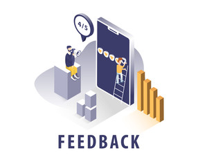 Isometric image with service feedback. People and objects in isometric. Concept illustration of a smartphone and its screens.