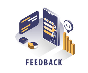 Isometric image with service feedback. People and objects in isometric. Concept illustration of a smartphone and its screens.