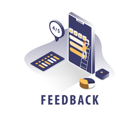 Isometric image with service feedback. People and objects in isometric. Concept illustration of a smartphone and its screens.