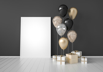 Interior mock up scene with black and gold gift boxes and balloons on dark background. Realistic glossy 3d objects for birthday party or promo posters or banners. Empty space for poster size design.
