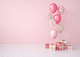 3D interior illustration with pink, golden, and sequins balloons, gift boxes. Pastel metallic composition with empty space for birthday, party or other promotion social media banners, text. 