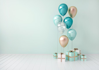 3D interior render with blue and golden balloons, gift boxes. Pastel glossy composition with empty space for birthday, party or other promotion social media banners, text. Poster size illustration.  - obrazy, fototapety, plakaty