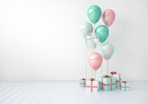 3D interior render with green and pink balloons, gift boxes. Pastel glossy composition with empty space for birthday, party or other promotion social media banners, text. Poster size illustration